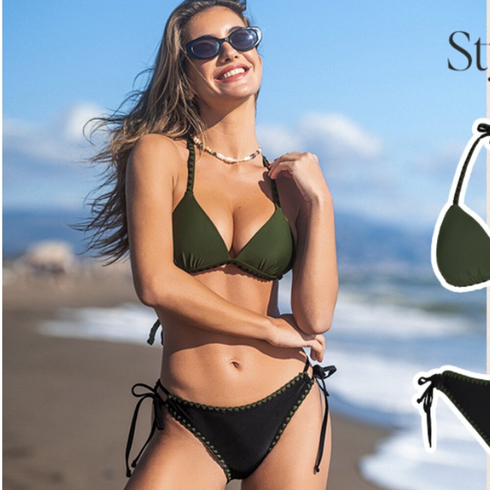Women's CUPSHE Bikini Push-Up Triangle Top Side Tie Bottoms Black Sz M NWT
